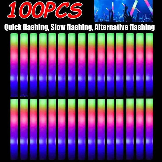 100Pcs LED Glow Sticks Bulk Colorful RGB Glow Foam Stick Cheer Tube Dark Light for Xmas Birthday Wedding Party Supplies