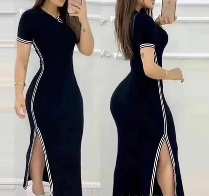 Womens Dresses 2023 Summer Fashion Striped High Slit Casual O-Neck Short Sleeve Daily Skinny Maxi A Line Dress Woman Clothing SS69 6.69 A / XL