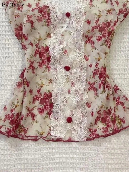 2025 Summer Woman Floral Halter Lace Blouse 2025 Vintage Sexy Slim Fit Fairy Korean Fashion Female Tops Outfits Elegant Style SS69