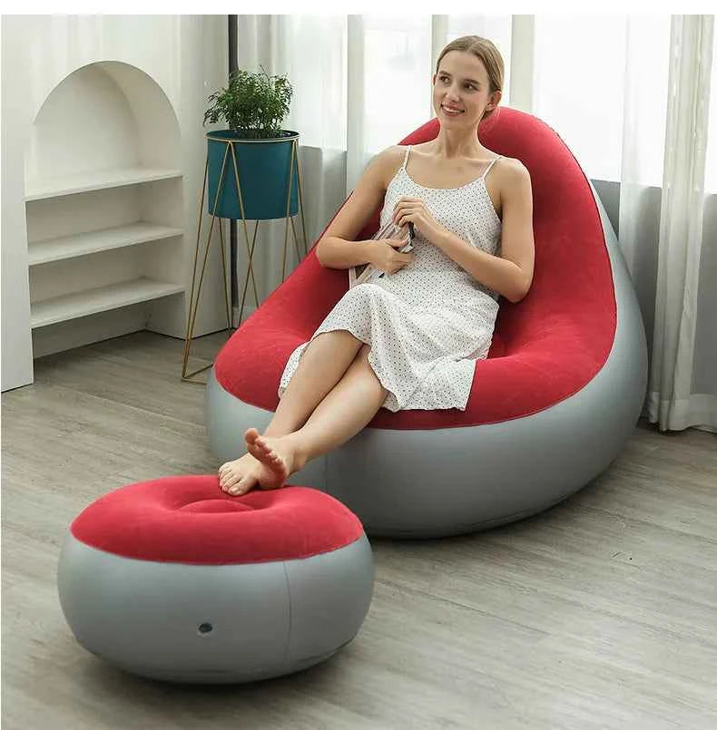 Inflatable Lounge Chair for Adults, Folding Portable Lazy Sofa with Foot Stool ,Air Couch Sofa for Livingroom and Bedroom