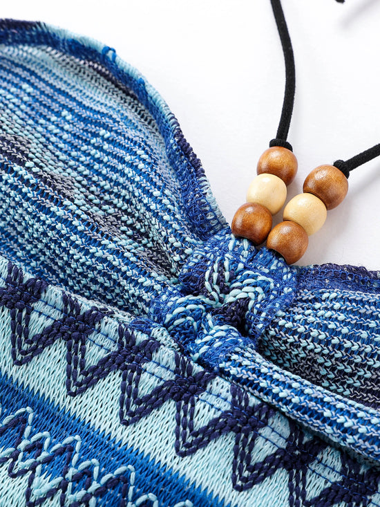 Geo Pattern Beaded Halter Crop Top, Vacation Style Backless Crop Top For Summer, Women's Clothing SS69