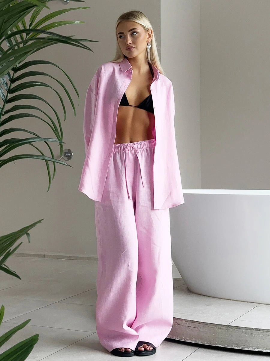 Bornladies Women's Cotton Long Sleeve Shirt & Wide Leg Pants Set