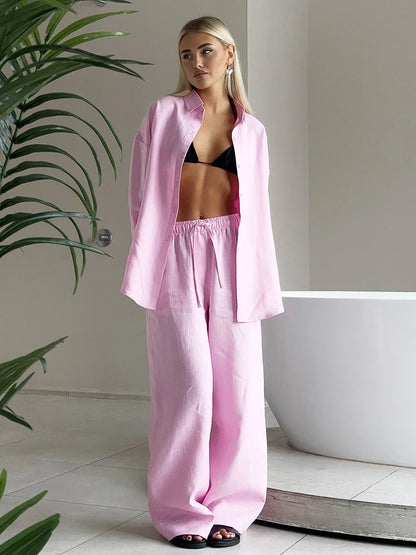 Bornladies Women's Cotton Casual Set Long Sleeve Shirt and Wide Leg Pants