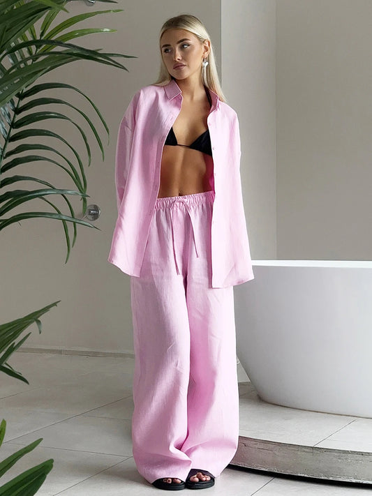 Bornladies Women's Cotton Casual Set Long Sleeve Shirt and Wide Leg Pants