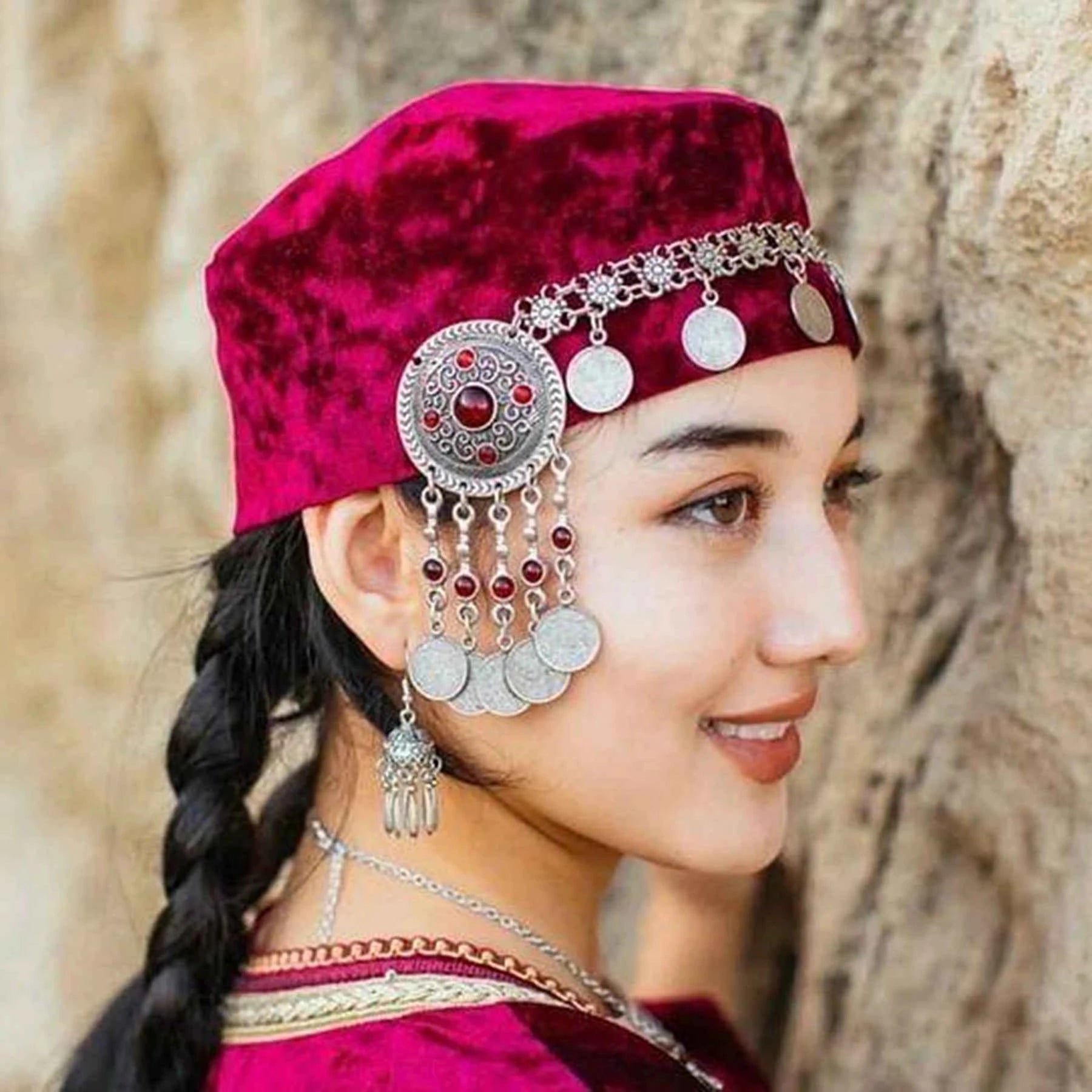 Traditional Kazakhstan Ethnic Coins Bracelet Hair Accessories  for Women Vintage Nepalese Tibetan Clothing Headwear Jewelry Set