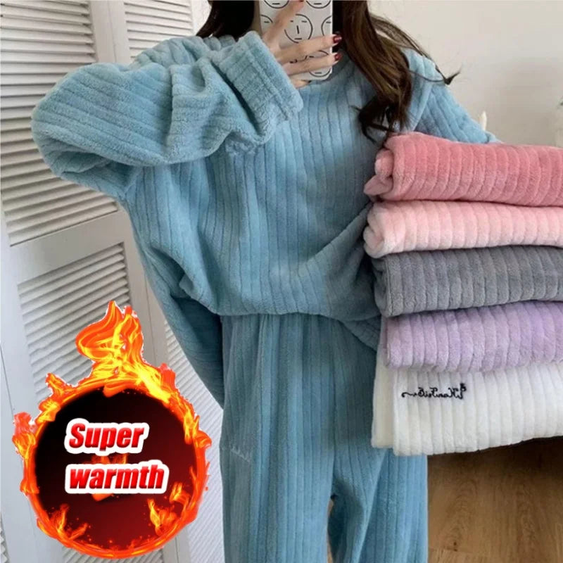 Women Coral Fleece Pajamas Set Winter Flannel Homewear Outfit Loungewear Sleepwear Cozy Warm House Dress Casual Wear