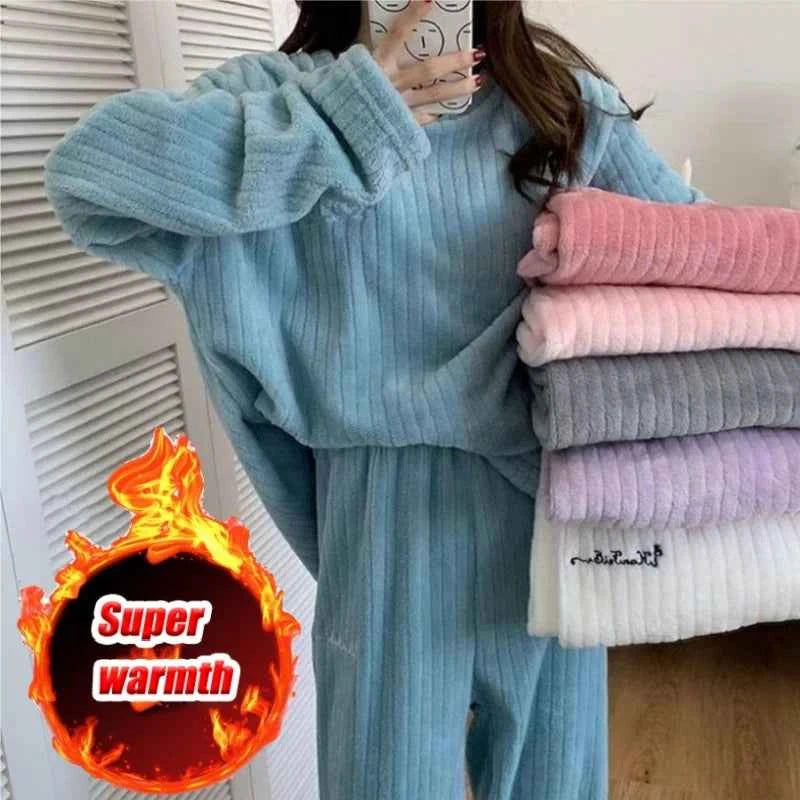 Women Coral Fleece Pajamas Set Winter Flannel Homewear Outfit Loungewear Sleepwear Cozy Warm House Dress Casual Wear