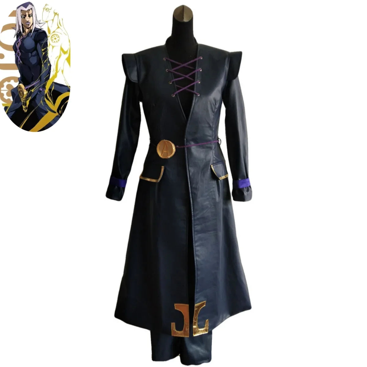 Anime JOJO's Bizarre Adventure Golden Wind Leone Abbacchio Cosplay Costume Black PU Long Coat Uniform Wig Man Carnival Suit
