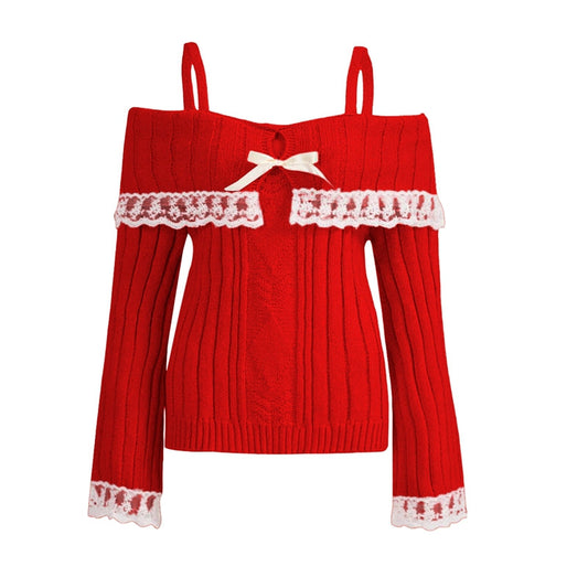 Pretty Cute Outfits Harajuku Cosplay Sweater Kawaii Lace Trim Off Shoulder Pullovers Y2K Aesthetic Vintage Long Sleeve Jumpers SS69