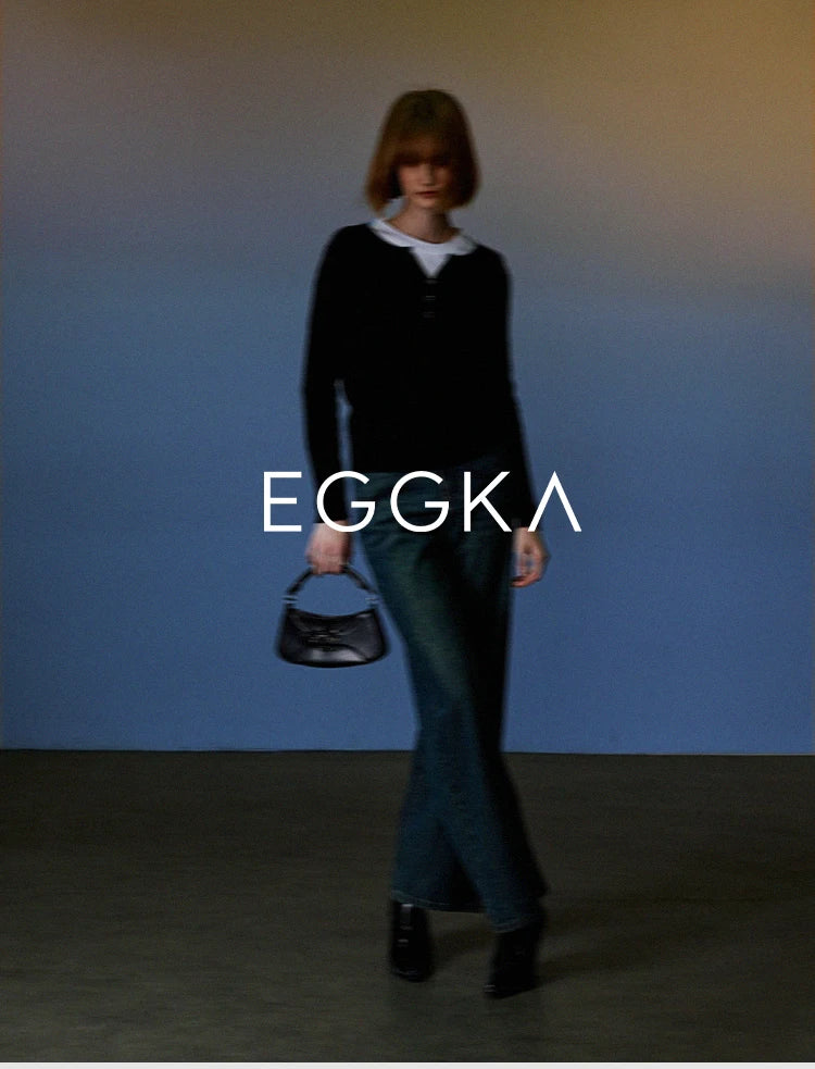 EGGKA Autumn One-shoulder Halter Neck Knitted Tops Women Slim Designer T-Shirts Slash Neck Long Sleeve Tops Korean Fashion Tees SS69