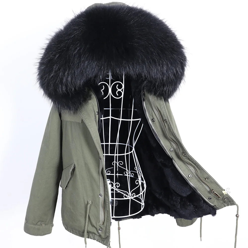 Maomaokong Winter Women Parka Cotton Jacket Real Fur Coat Natural Fox Fur Hooded Rabbit Fur Liner Thick Warm Outerwear Female