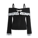 Pretty Cute Outfits Harajuku Cosplay Sweater Kawaii Lace Trim Off Shoulder Pullovers Y2K Aesthetic Vintage Long Sleeve Jumpers SS69