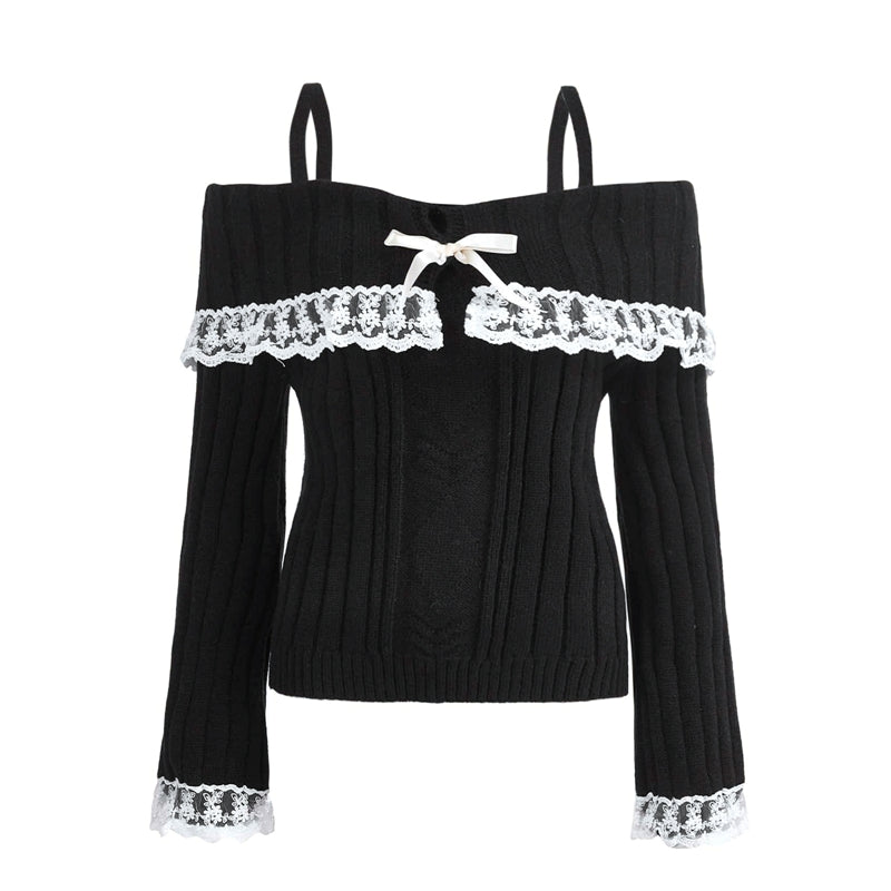 Pretty Cute Outfits Harajuku Cosplay Sweater Kawaii Lace Trim Off Shoulder Pullovers Y2K Aesthetic Vintage Long Sleeve Jumpers SS69