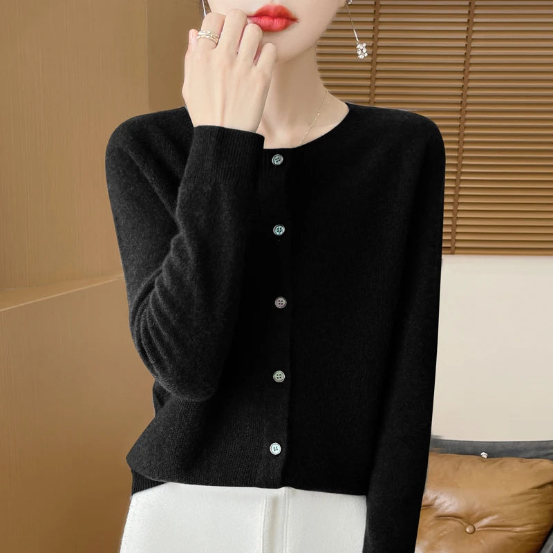 100%Merino Wool Cardigan Women's Round Neck Casual High-Quality AutumnWinter Solid Color Jacket Knit Basic Sweater Pure Wool Top SS69 23.69 Black / S / CHINA