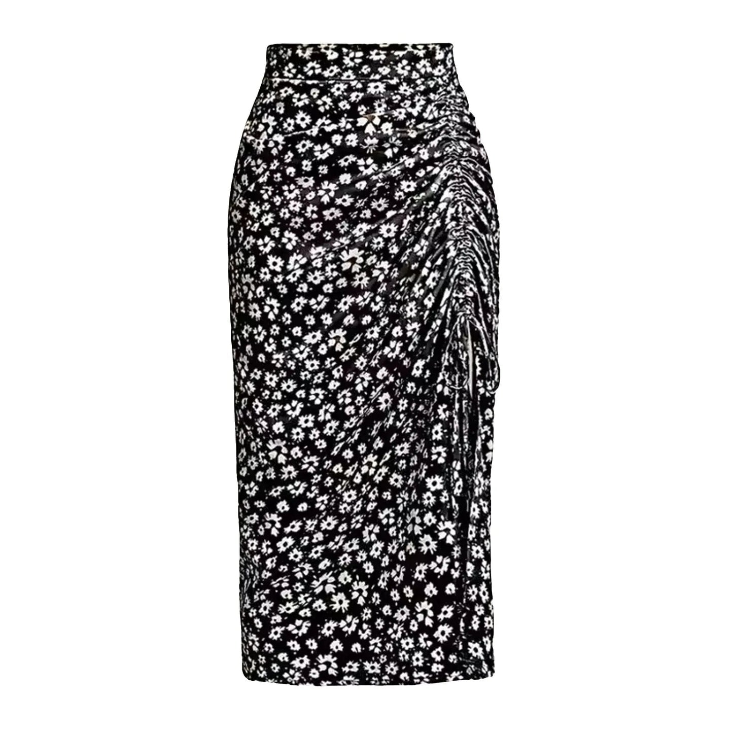 Women's Summer Vacation Little Floral Print Splits Bodycon Skirt Elegant Sexy Drawstring Ruched Bohemian Beach Midi Skirs SS69 8.69 Black / XXL / United States