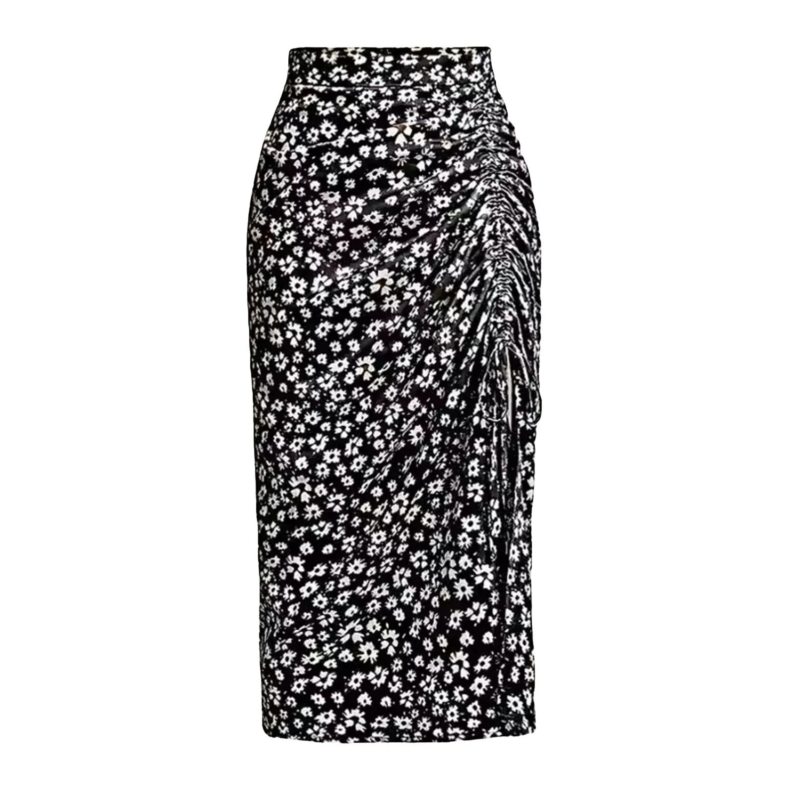 Women's Summer Vacation Little Floral Print Splits Bodycon Skirt Elegant Sexy Drawstring Ruched Bohemian Beach Midi Skirs SS69 8.69 Black / XXL / United States