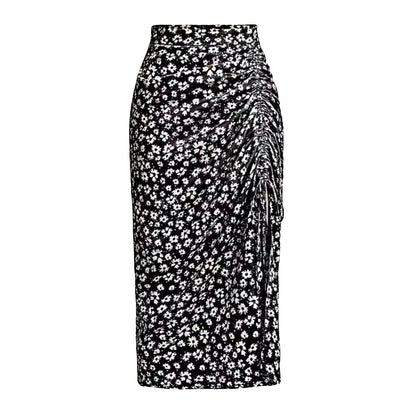 Women's Summer Vacation Little Floral Print Splits Bodycon Skirt Elegant Sexy Drawstring Ruched Bohemian Beach Midi Skirs SS69 8.69 Black / XXL / United States