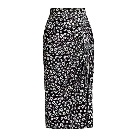 Women's Summer Vacation Little Floral Print Splits Bodycon Skirt Elegant Sexy Drawstring Ruched Bohemian Beach Midi Skirs SS69 8.69 Black / XXL / United States