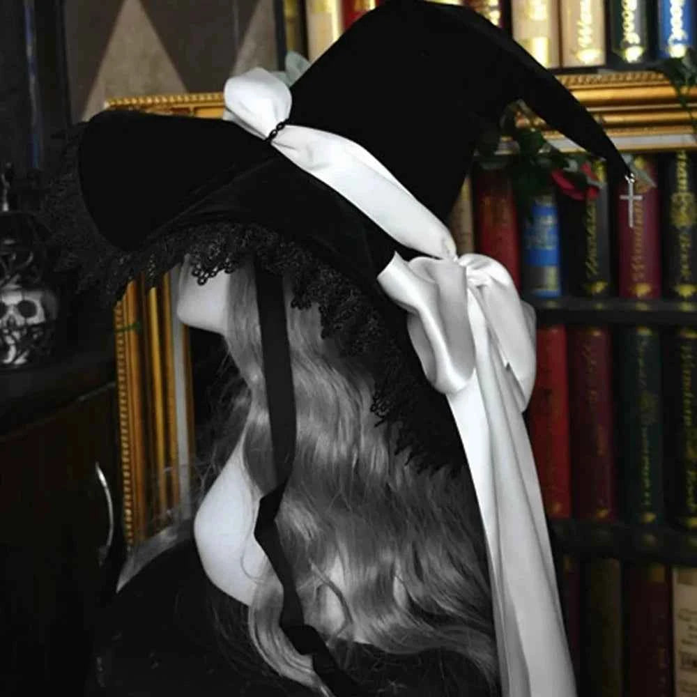 Handmade Lace Witch Pointed Hats Bandage Bow Wizard Hat Adult Gothic Lolita Cosplay Costume Halloween Party Bucket Hat