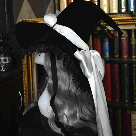 Handmade Lace Witch Pointed Hats Bandage Bow Wizard Hat Adult Gothic Lolita Cosplay Costume Halloween Party Bucket Hat