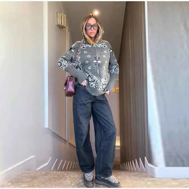 Warm Printed High Collar Knit Cardigans Women Contrast Jacquard Zipper Full Sleeve Pocket Sweater 2026 Spring Lady Chic Knitwear