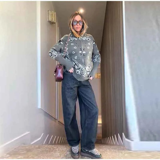 Warm Printed High Collar Knit Cardigans Women Contrast Jacquard Zipper Full Sleeve Pocket Sweater 2026 Spring Lady Chic Knitwear