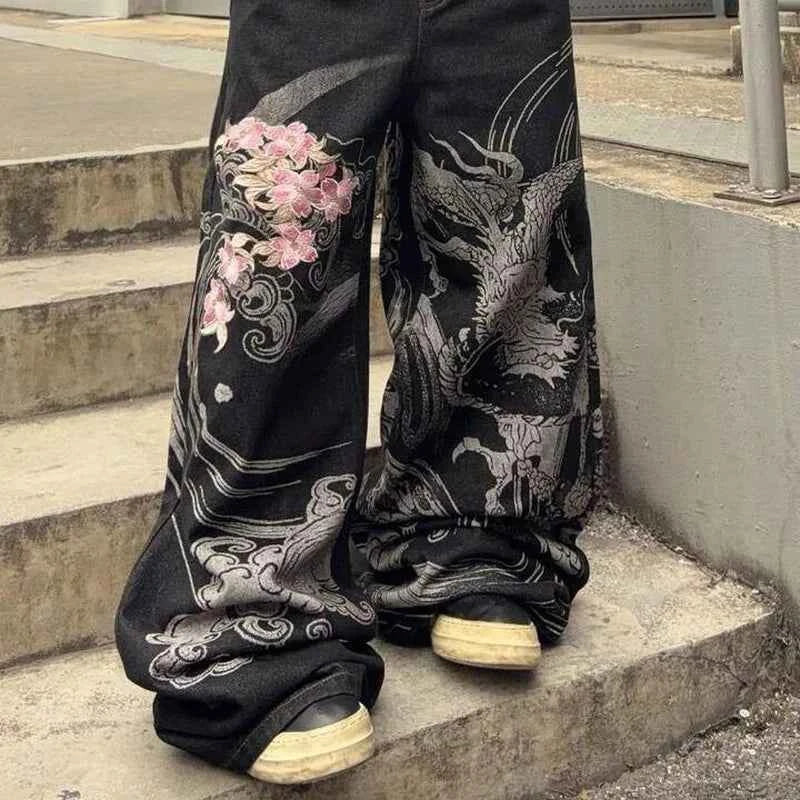 Vintage Low Waist Hip Hop Cherry Blossom Embroidered Jeans Wide Leg Trousers Y2K Clothes Mens Womes Embroidered Baggy Jeans