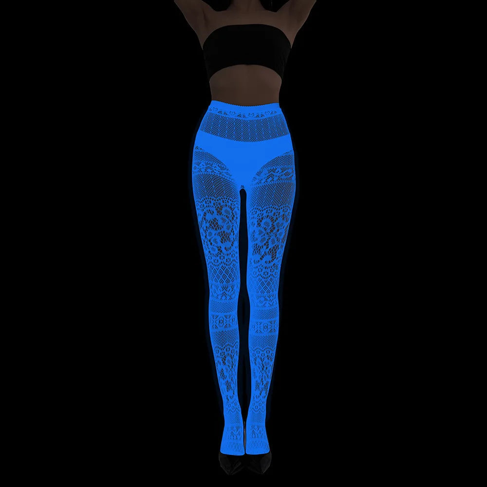 Women Glow in The Dark Fishnet Tight Rose Pattern Fishnet Tights Luminous Fishnet Halloween Party Festive Dress Up SS69