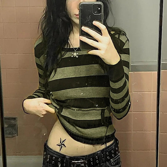 Autumn Y2k Fairy Grunge Pullover Hoodie Striped Print Hoodies Female Sweatshirts Women Hooded Fairycore Aesthetic Harajuku Tops SS69