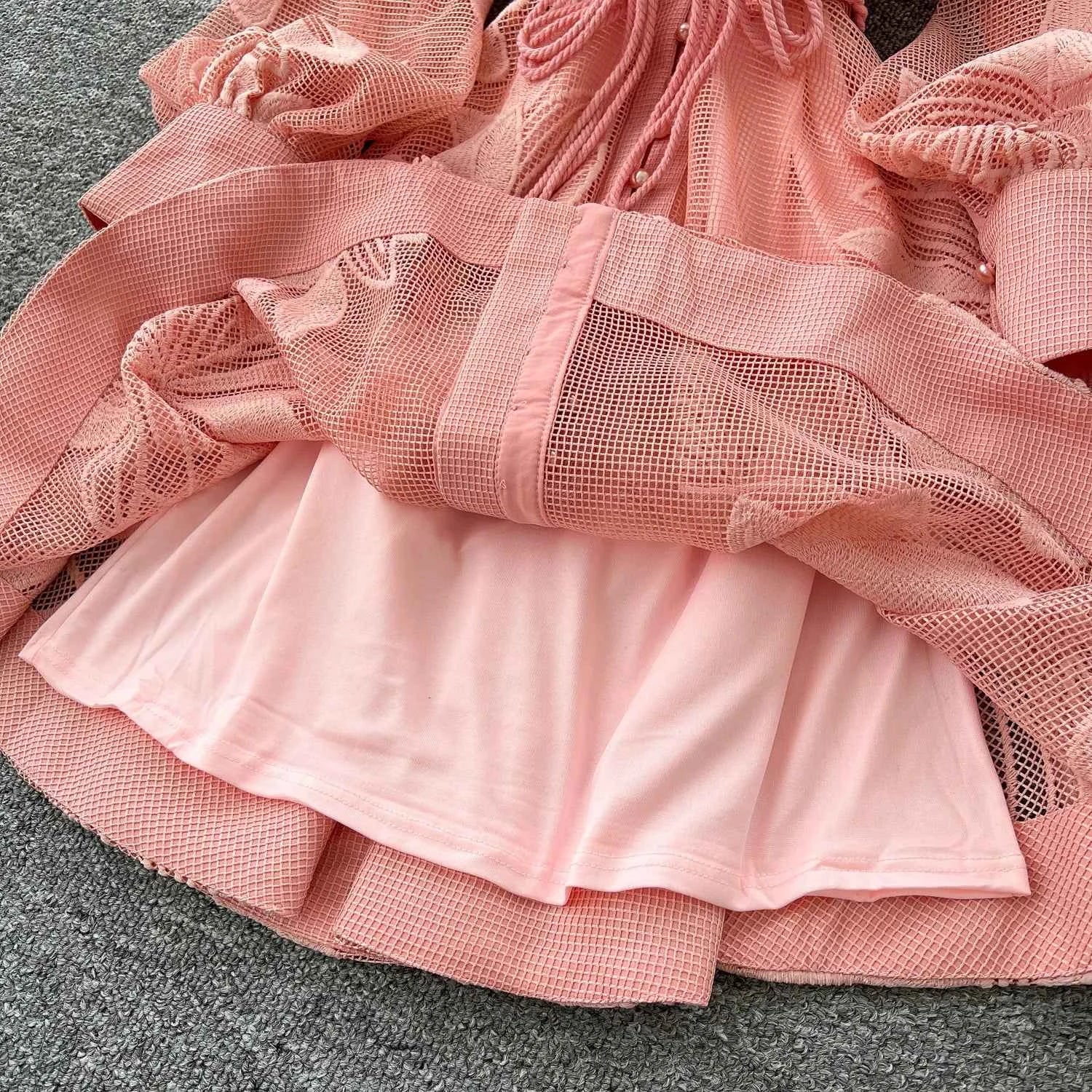 SINGREINY Women Elegant Floral Emboridery Dress Hollow Out Long Sleeve Single Breasted Belt French Court Chic Short A Line Dress