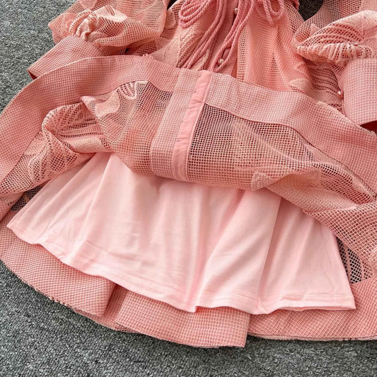 SINGREINY Women Elegant Floral Emboridery Dress Hollow Out Long Sleeve Single Breasted Belt French Court Chic Short A Line Dress