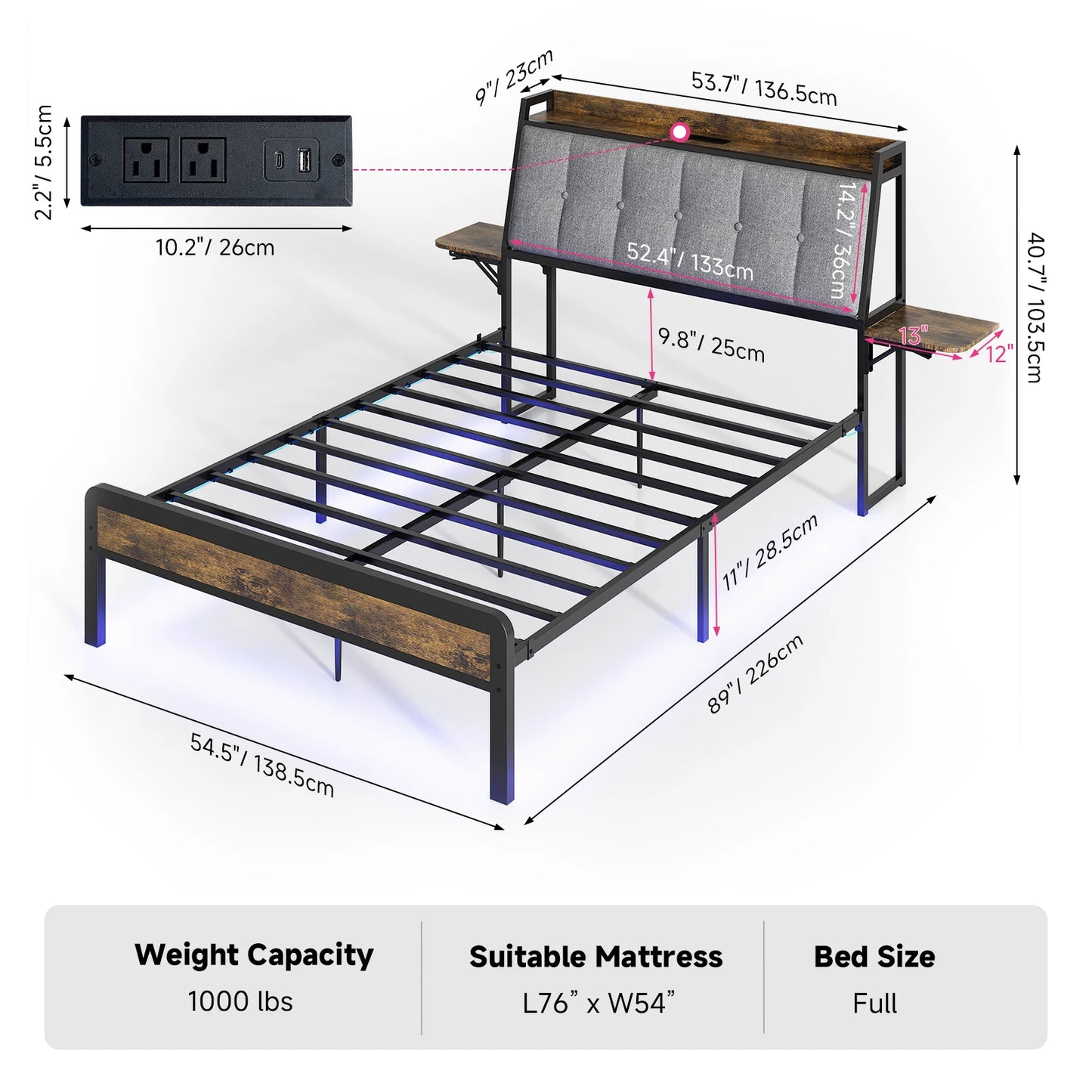 Redlife Full/Queen Bed Frame w/ Upholstered Headboard Wood Footboard, Metal Bed Frame w/ Charging Station LED Lights Noise Free