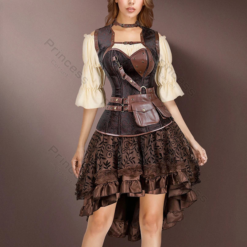 Brown Pirate Dress Plus Size Faxu Leather Steampunk Corset Dress with Shoulder Off Blouse Cosplay Pirate Costume for Women SS69