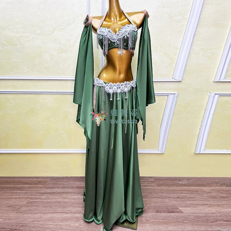 Belly Dance Outfit Suit Women's Customized Senior AB Stones Bra+sexy Split Long Skirt 2pcs Oriental Dance Performance Costumes