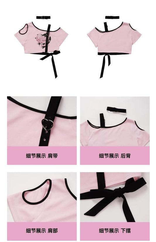 Black Pink Y2K Clothing Set Hot Girls Strapless Strap Short Sleeve T-shirt Slimming Jeans Long Pants Female 4 Piece Set Outfits SS69