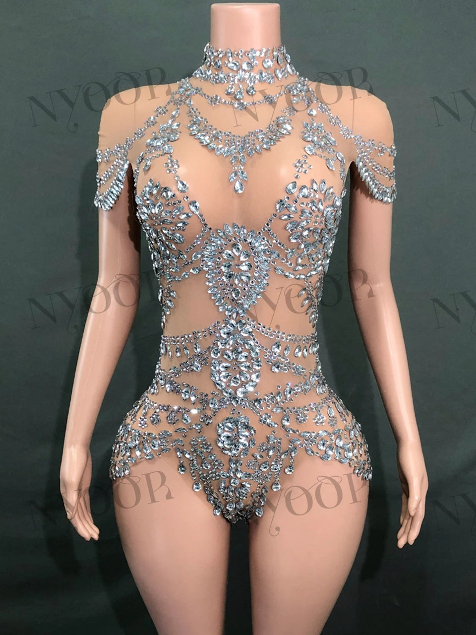 Sparkly Rhinestone Mesh Bodysuit for Women - Transparent Dance Leotard