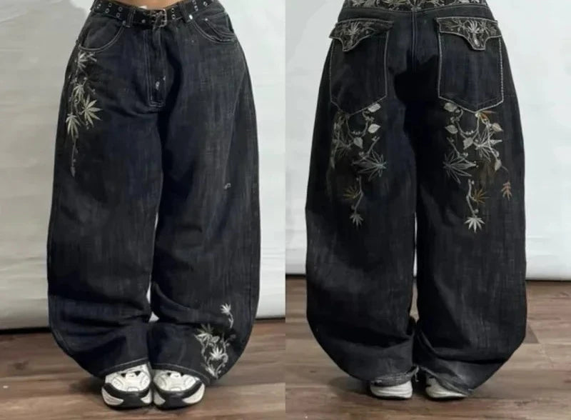 Y2K Cherry Blossom Embroidered Wide Leg Jeans