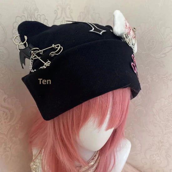 Gothic Punk Cat Ear Hat Cross Skeleton Knitted Black Y2K Girl Subculture Cute Lace Net Hat Chinese Brand None( AE Stock) SS69