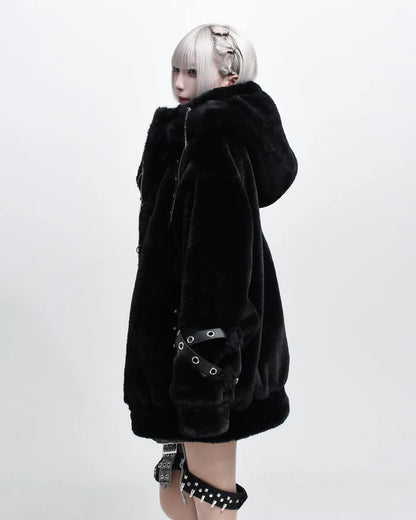 Lautaro Autumn Winter Thick Warm Faux Fur Coat Women with Hood Zipper Luxury Japanese Style Punk Harajuku Fluffy Jacket 2026