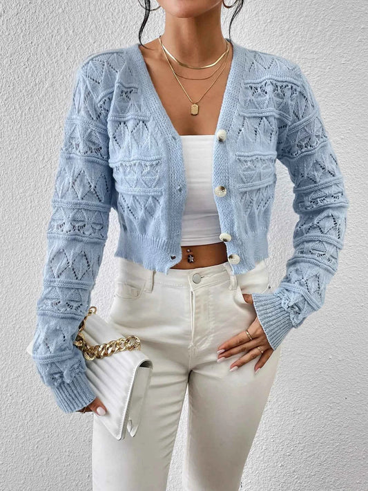 2026 New Autumn Women V-neck Knitwears Long Sleeve Knitted Sweaters Hollow Out Embroidery Single Breasted Short Cardigans Tops