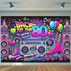 Retro 80s party background - polyester background, neon lights, tapes, amplifiers and the text "Back to the 80s"
