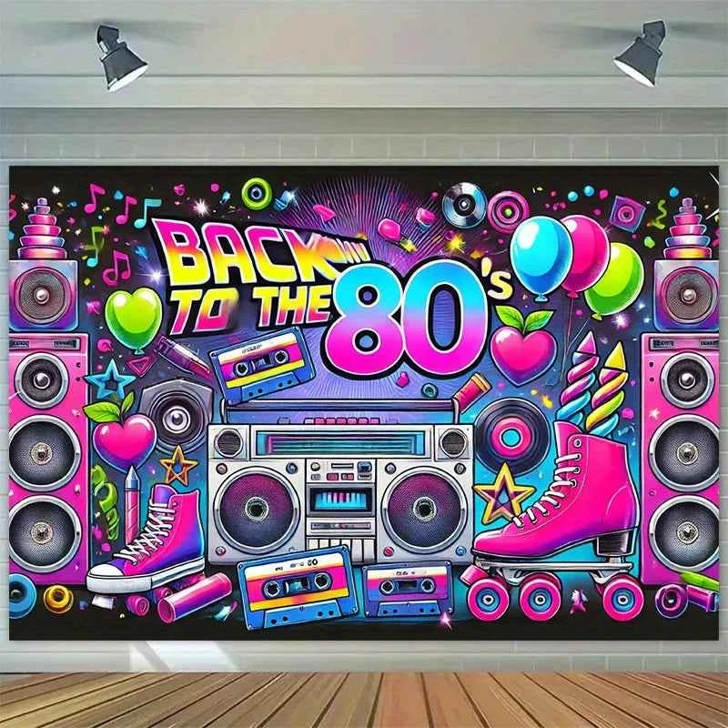 Retro 80s party background - polyester background, neon lights, tapes, amplifiers and the text "Back to the 80s"