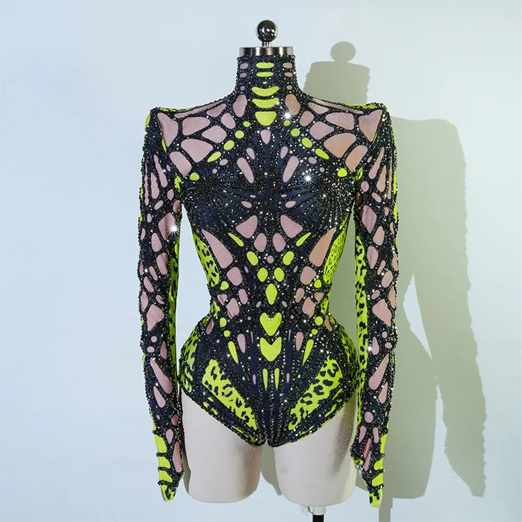 Women's Green Rhinestone Bodysuit High Elasticity Dance Outfit