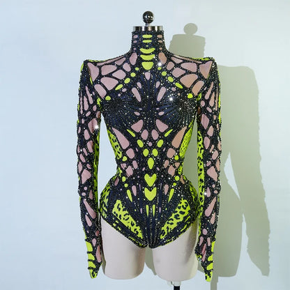SS69 Women's Rhinestone Embellished Green Bodysuit High Elasticity Dance Outfit