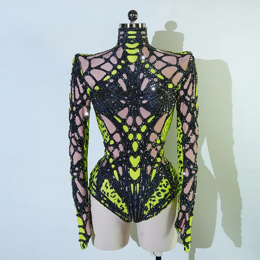 SS69 Women's Rhinestone Embellished Green Bodysuit High Elasticity Dance Outfit