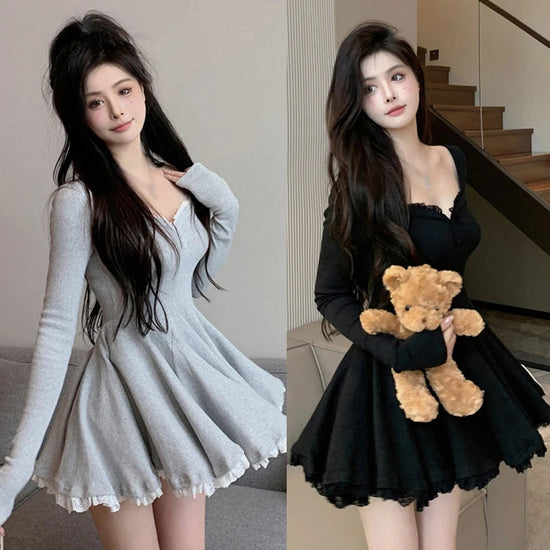 Women Sexy Korean Dress French Style Waist Closed Long Sleeve Collarbone Exposed Sweet SS69