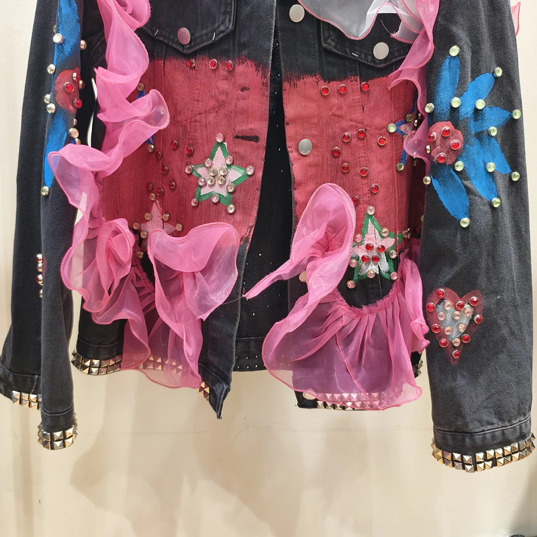 Graffiti Sequins Lace Diamonds Beaded Mesh Splice Ruffles Denim Coat Loose Rivets Jeans Jacket Cardigan Rhinestones Cowboy Tops SS69