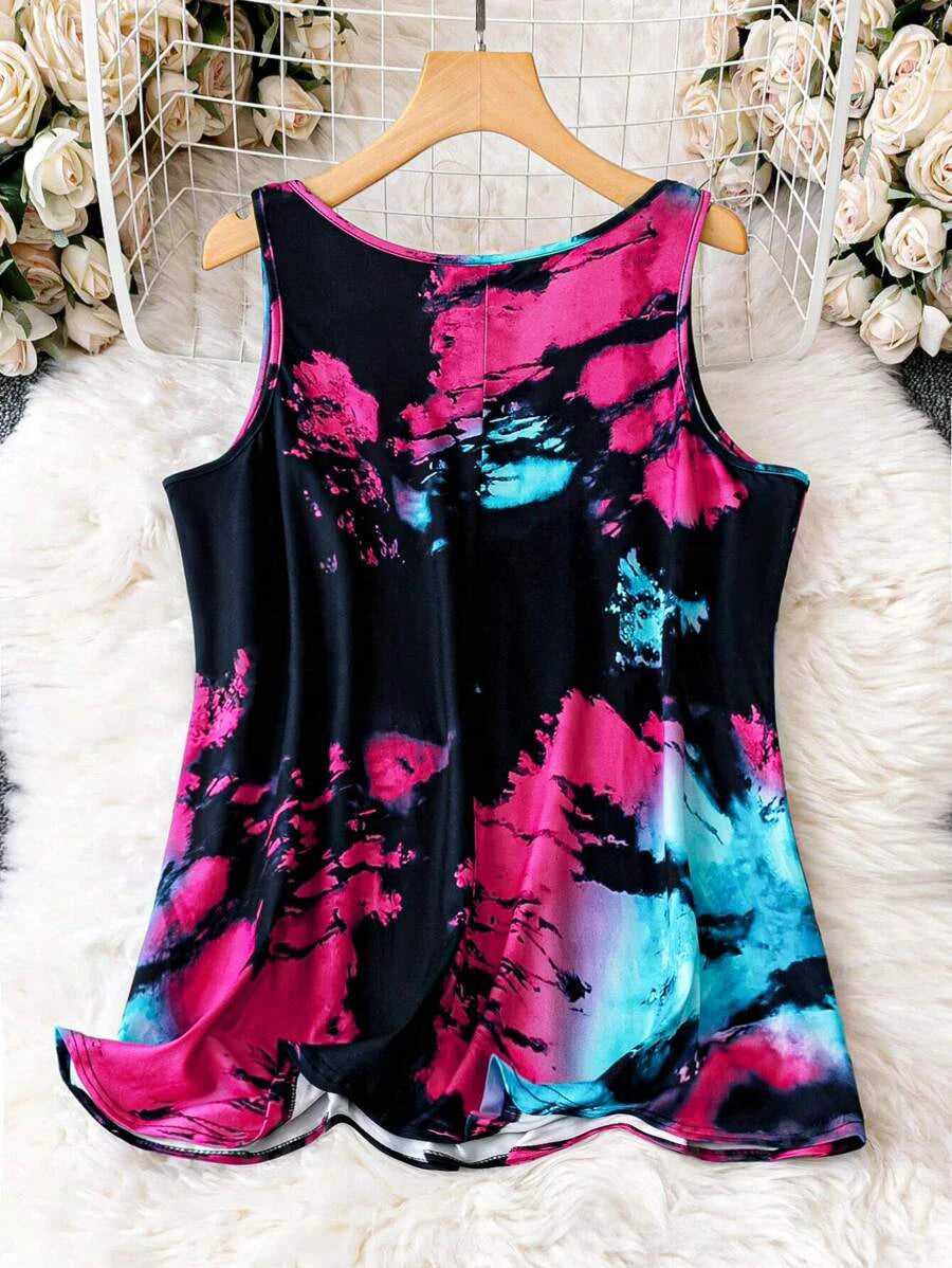 Plus Size Tie Dye  Casual Sleeveless Notched Neck Tank Top - SS69 