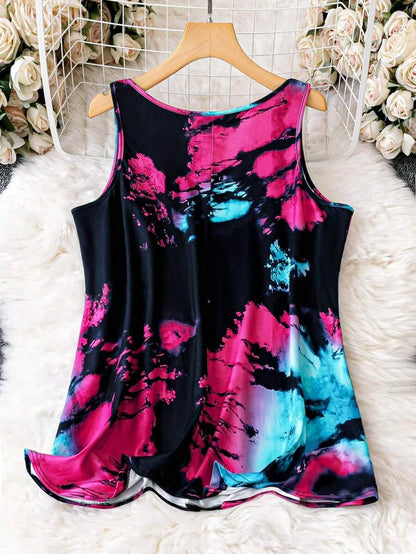 Plus Size Tie Dye  Casual Sleeveless Notched Neck Tank Top - SS69 