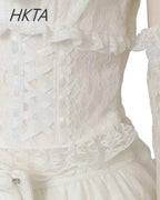 Japanese Sweet Heavy Industry Splicing Sleeve Strap Lace Bow Lace Shirt Summer Autumn New Elastic Slim Long-sleeve Tshirt Top